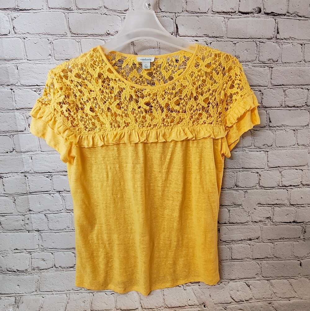 Sundance Linen Crochet Hyperfeminine Yellow Ruffle Top Large
